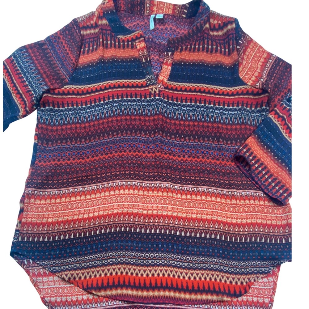 Cato Womens Red Geometric‎ Tribal Print Split Neck Blouse Top Large